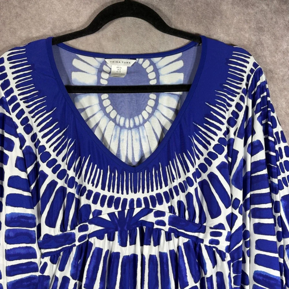 Trina Turk Swim Cover 4 Blue White Geometric Kimono Sleeve V-Neck Resort Beach